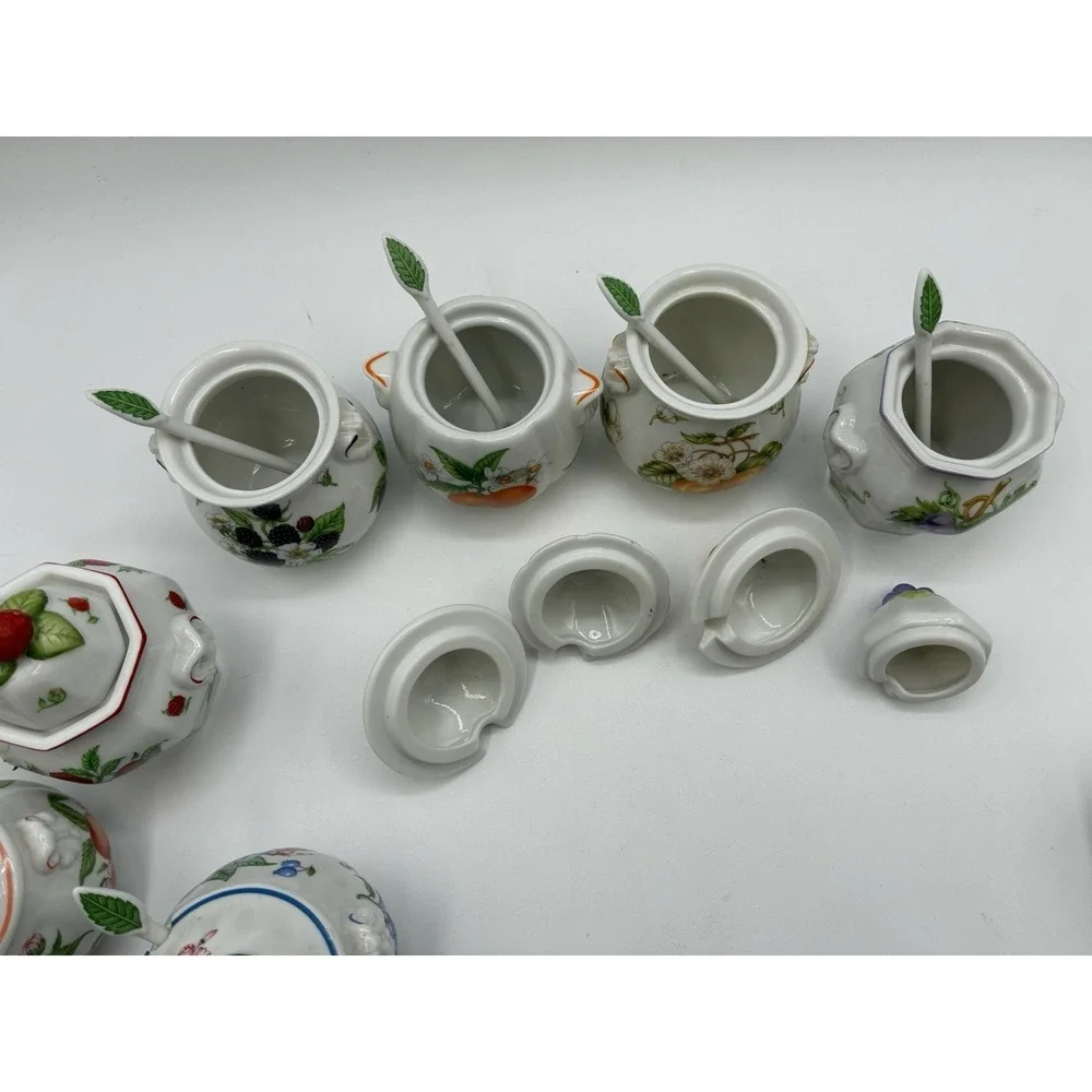 Vintage 1991 Lenox Orchard Porcelain Jam/Jelly Jars - Set of 8 with 8 spoons